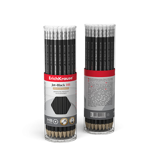 Карандаш ч/г HB ErichKrause Jet Black, шестигранный , с ластиком, HB (в тубусе по 42 шт.)