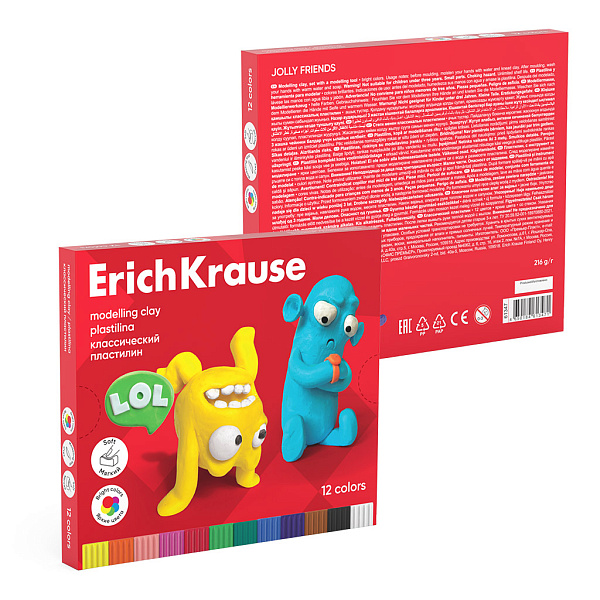 Пластилин 12 цв. ErichKrause Jolly Friends классический, со стеком, 216 г 