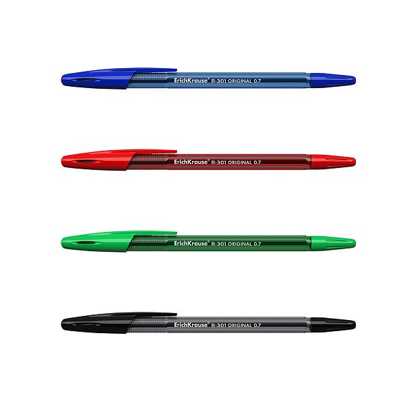 Набор из 4 ручек шариковых ErichKrause R-301 Stick Original 1.0, цвет чернил: синий, черный, красный, зеленый (в пакете)
