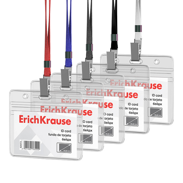 Бейдж горизонтальный в комплекте с лентой ErichKrause вставка 95х58 мм, прозрачный, цвет ленты ассорти, в пакете