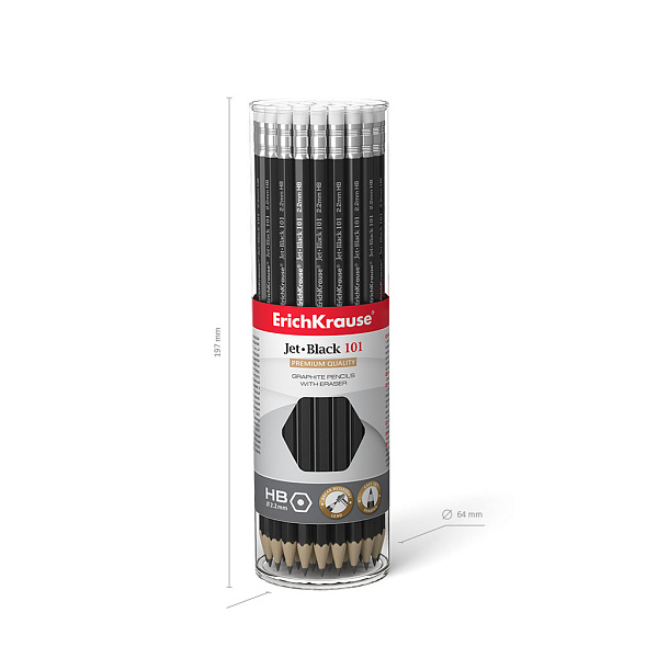Карандаш ч/г HB ErichKrause Jet Black, шестигранный , с ластиком, HB (в тубусе по 42 шт.)