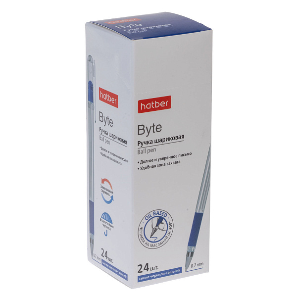 Ручка шариковая 0,7 мм Hatber Byte Синяя чернила на масл.основе с резиновым грипом в карт. Мини-Дисплее