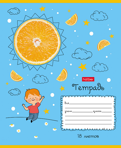 Тетрадь 18 листов в клетку "На апельсиновой планете" обл.мел.карт+тиснение, блок офс (65г/кв.м), микс 5вид
