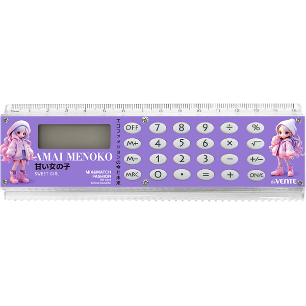 Калькулятор-линейка "deVENTE. Amai Menoko" 159x54x8 мм, для младших классов, 8 разрядный, работа с памятью, автоматическое вычисление квадратного корня, процентов, функция смены знака, с рисунком, в блистере с подвесом