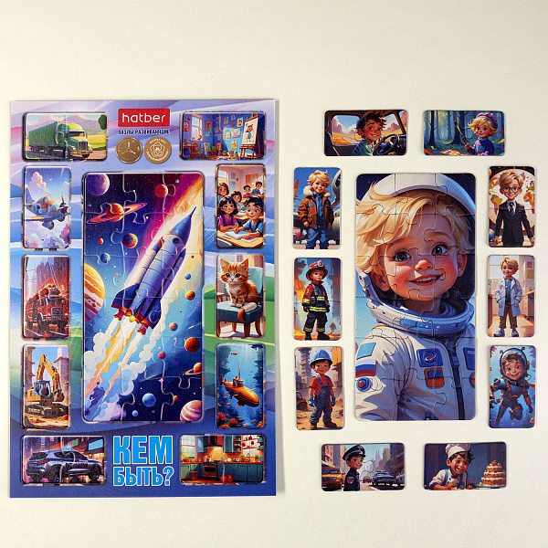 ПАЗЛЫ 38 эл. А4 в рамке -Кем быть? для мальчиков- 200х300мм "2 В 1"