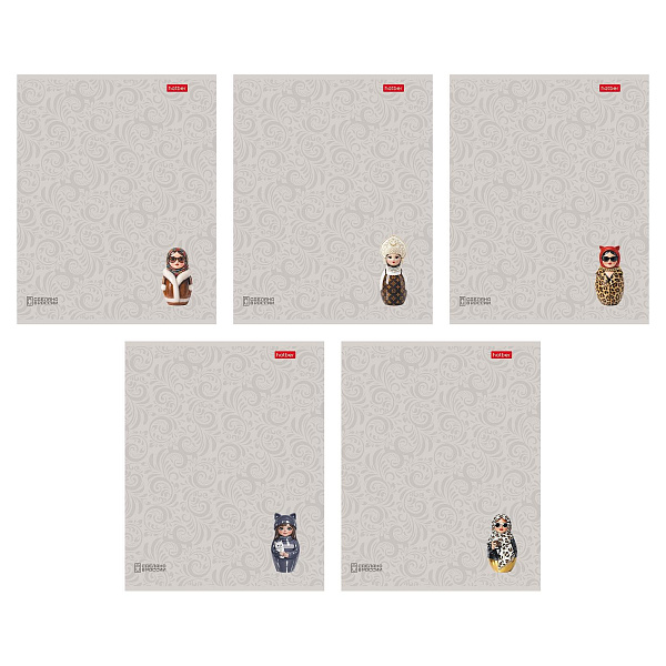 Тетрадь 48 листов в линейку "Матрешки_A LA RUSSE" А5ф 60-65г/кв.м на скобе Обл. мел.картон ламинация СОФТ ТАЧ  3D лак 5 диз.в блоке скругл.углы