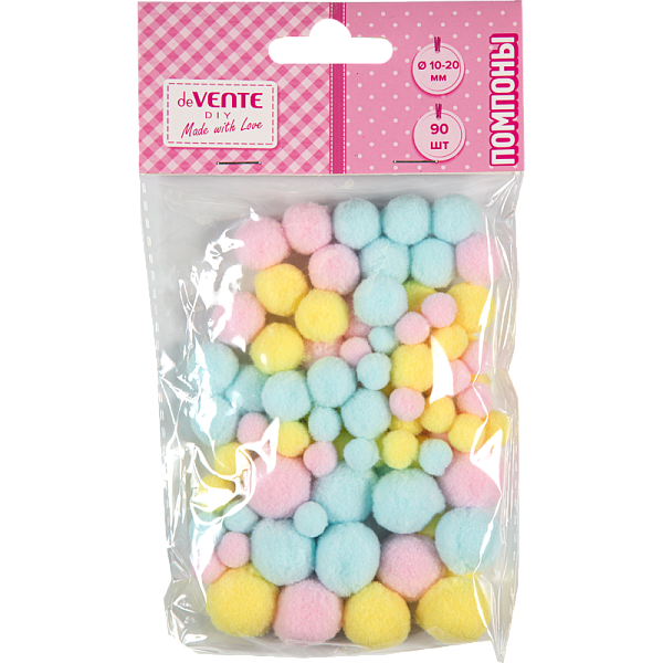 Набор помпонов для творчества "deVENTE. DIY" 90 шт, ассорти (10 мм - 54 шт, 15 мм - 24 шт, 20 мм - 12 шт) в пластиковом пакете с блистерным подвесом, пастельные оттенки