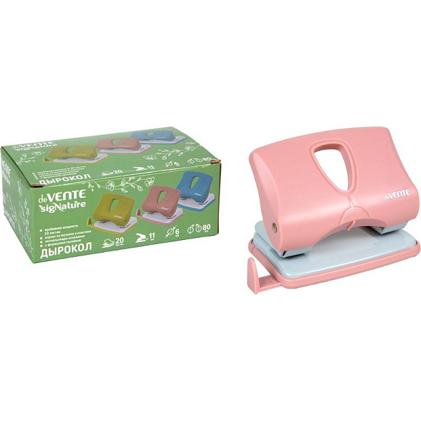 Дырокол на 20 л. "deVENTE. sigNATURE" цвет пудрово-розовый, пластиковый с линейкой, в картонной коробке,