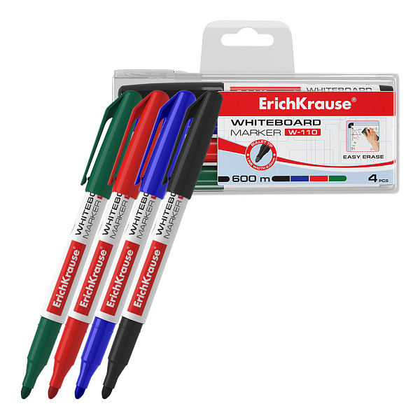 Маркер для досок ErichKrause® W-110, цвет чернил: черный, синий, красный, зеленый (в футляре по 4 шт.)
