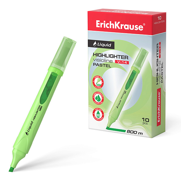 Текстмаркер с жидкими чернилами  ErichKrause® Liquid Visioline V-14 Pastel, цвет чернил зеленый (в коробке по 10 шт.)