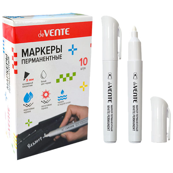 Маркер перманентный 2 мм "deVENTE" БЕЛЫЙ круглый корпус, с клипом, пулевидный наконечник, чернила на водной основе,
