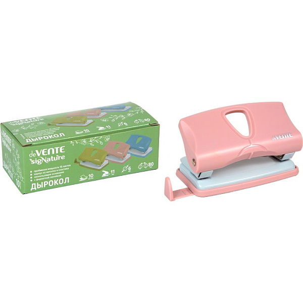 Дырокол на 10 л. "deVENTE. sigNATURE" цвет пудрово-розовый, пластиковый с линейкой, в картонной коробке,