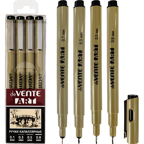 Набор ручек капиллярных "deVENTE. ART" 4 шт, d=0,1, 0,3, 0,5, 0,8 мм, чернила - черные ПЕРМАНЕНТНЫЕ, круглый корпус, металлический клип, пишущий узел в металлической обойме, в пластиковой коробке