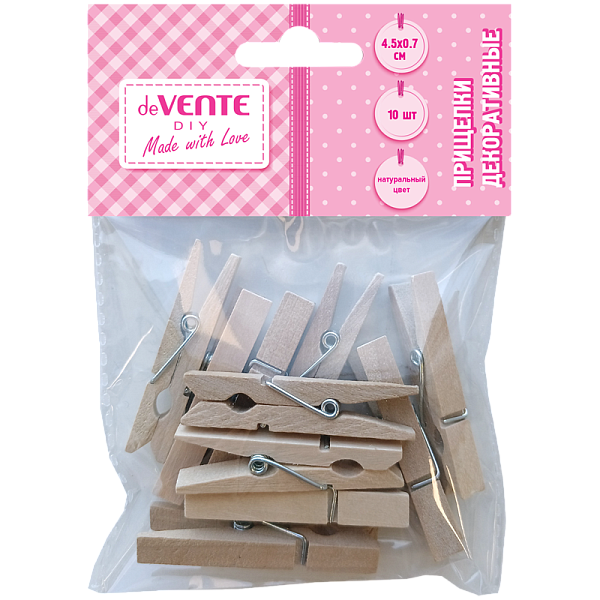 Прищепки декоративные "deVENTE. DIY Natural Wood" деревянные, 45x7 мм, 10 шт, натуральный цвет, в пластиковом пакете с блистерным подвесом