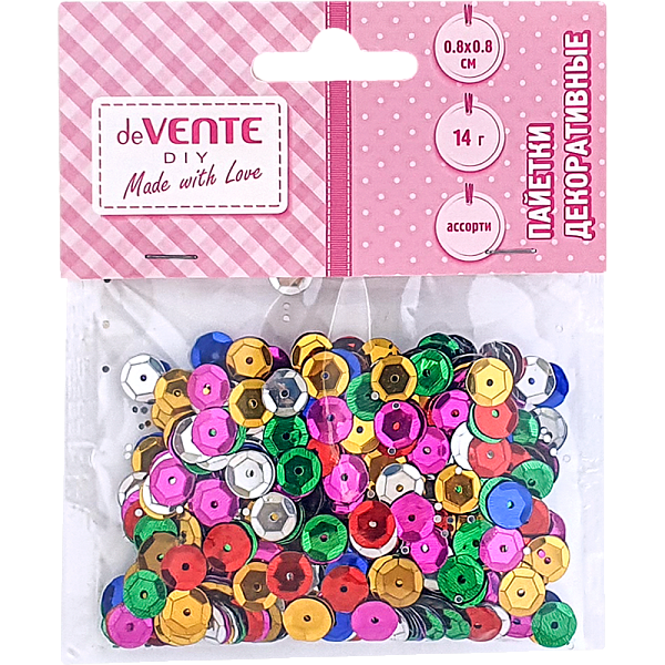 Пайетки декоративные "deVENTE. Metallic" 14 г, 8x8 мм, ассорти цветов, в пластиковом пакете с блистерным подвесом