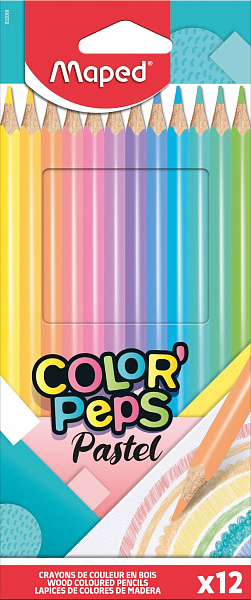 Карандаши 12 цв. Maped COLOR'PEPS PASTEL пастельные цвета, из американской липы, треугольные, ударопрочный грифель, в картонном футляре, 
