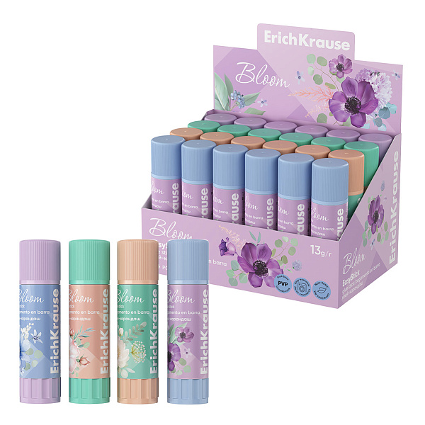 Клей-карандаш  13 г ErichKrause EasyStick Pastel Bloom, ассорти (в коробке-дисплее по 24 шт.)