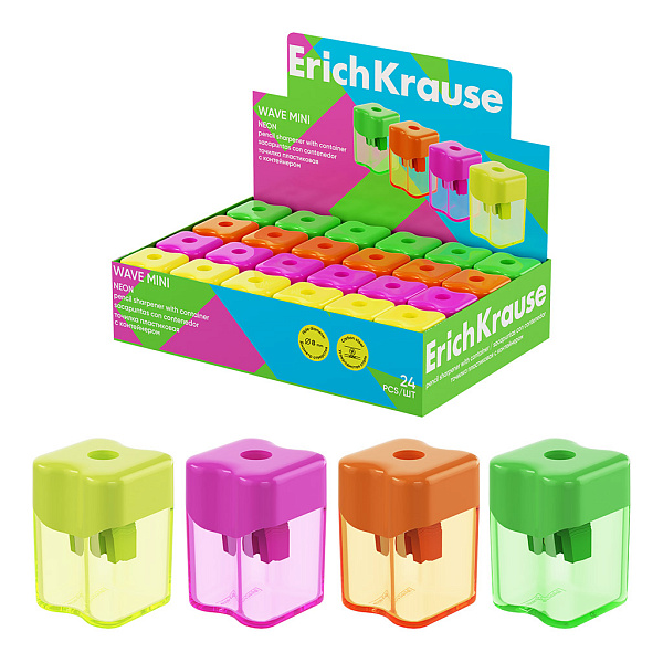 Точилка 1 отв. ErichKrause Wave Mini, Neon, пластиковая, с контейнером, ассорти (в коробке-дисп.