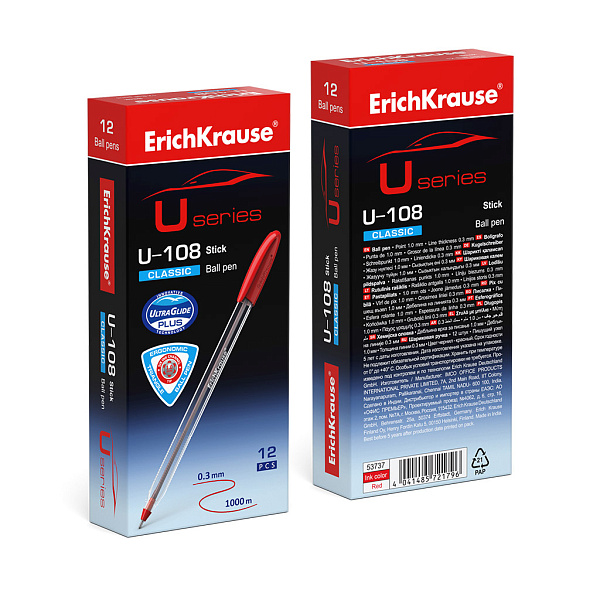 Ручка шариковая ErichKrause U-108 Stick Classic 1.0, Ultra Glide Technology, цвет чернил красный (в коробке по 12 шт.)