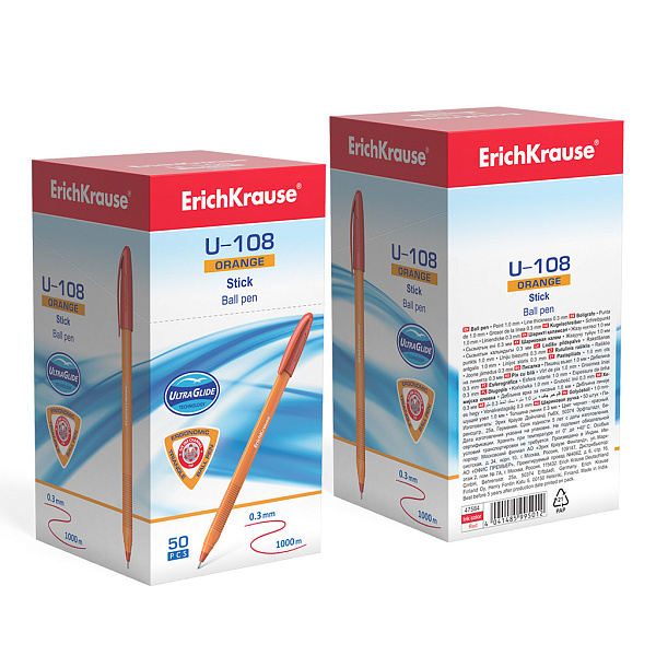 Ручка шариковая ErichKrause® U-108 Orange Stick 1.0, Ultra Glide Technology, цвет чернил красный (в коробке по 50 шт.)