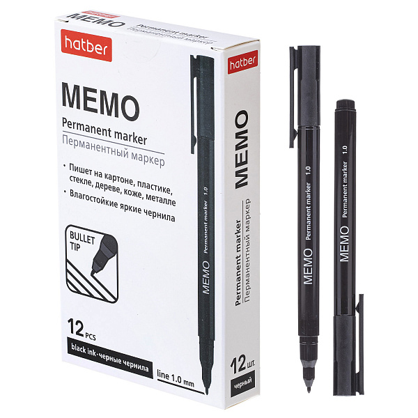 Маркер перм. 1 мм Hatber Memo закругленный пишущий узел Черный 