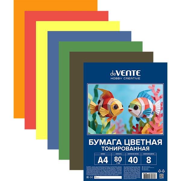 Бумага тонированная двусторонняя А4 8 цветов 40 листов "deVENTE. HOBBY CREATIVE" 80 г/м², (210x297 мм) в  пластиковом пакете с европодвесом