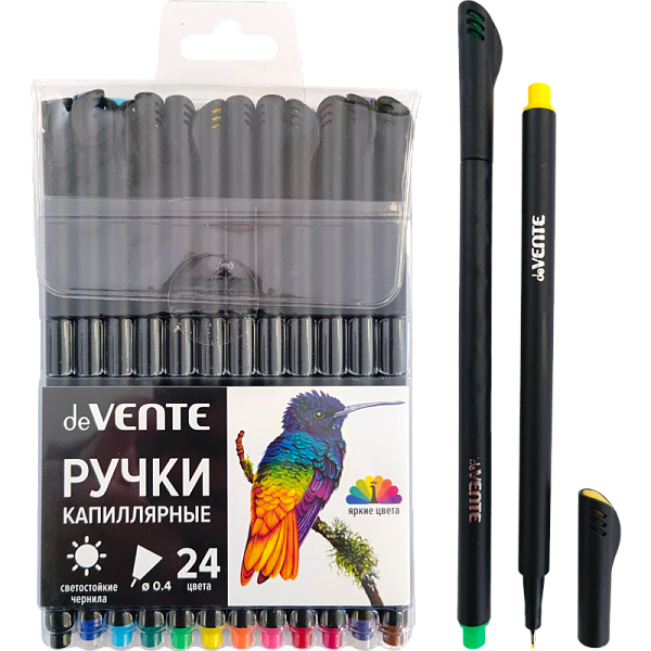 Набор ручек капиллярных "deVENTE. Drops" 24 цвета, 0,4 мм, с круглым черным корпусом, в пластиковом блистере