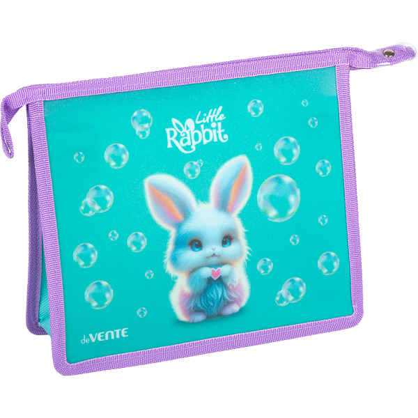 Папка для тетрадей "deVENTE. Little Rabbit" A5 (243x200x80 мм) с текстильным расширением 80 мм, на молнии сверху, 400 мкм, матовая полупрозрачная с рисунком, с искрящейся фактурой, индивидуальная упаковка