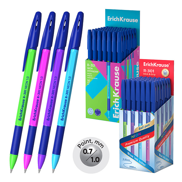 Набор из 4 ручек шариковых ErichKrause R-301 Stick&Grip Neon 1.0, цвет чернил синий (в пакете)