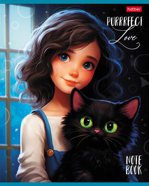 Тетрадь 48 листов в клетку "Девочка и котик" 60-65г/кв.м на скобе Обл. мел.картон глянц. ламин. 5 диз.в блоке скругл.углы