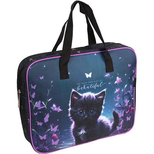 Папка для тетрадей, ИЗО и технологии "deVENTE. Beautiful Cat" A4 с расширением 8 см, с ручками, плотный износостойкий полиэстер с водоотталкивающей пропиткой, с каучуковой аппликацией, на молнии сверху, каучуковая аппликация, с внутренним карманом, с