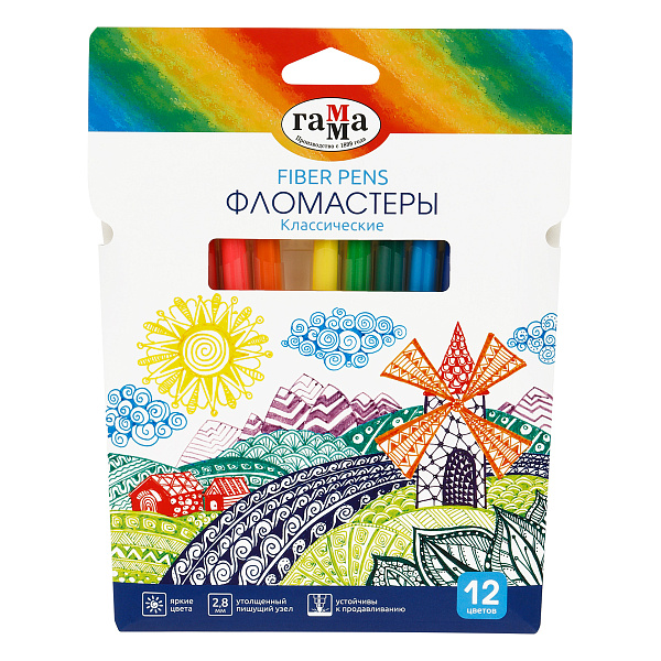 Фломастеры 12 цветов Гамма "Классические", круглые, водная основа, смываемые, картонная упаковка с европодвесом