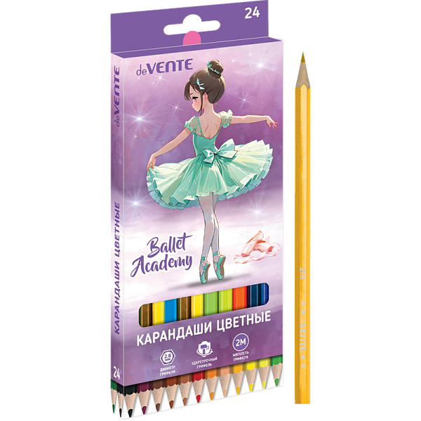Карандаши 24 цв. "deVENTE. Ballet Academy" 2М, диаметр грифеля 2,8 мм, шестигранные, в картонной коробке