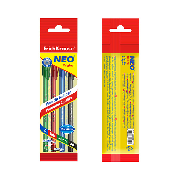 Набор из 4 ручек шариковых ErichKrause Neo® Stick Original 0.7, Super Glide Technology, цвет чернил: син, черн, красн, зел (в пакете)