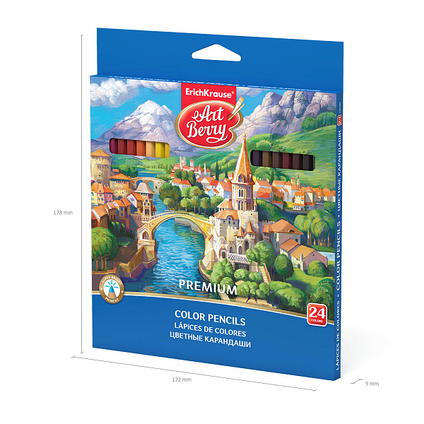 Карандаши 24 цв. деревянные ArtBerry® Premium шестигранные, грифель 3 мм, (в коробке с европодвесом 24 шт)