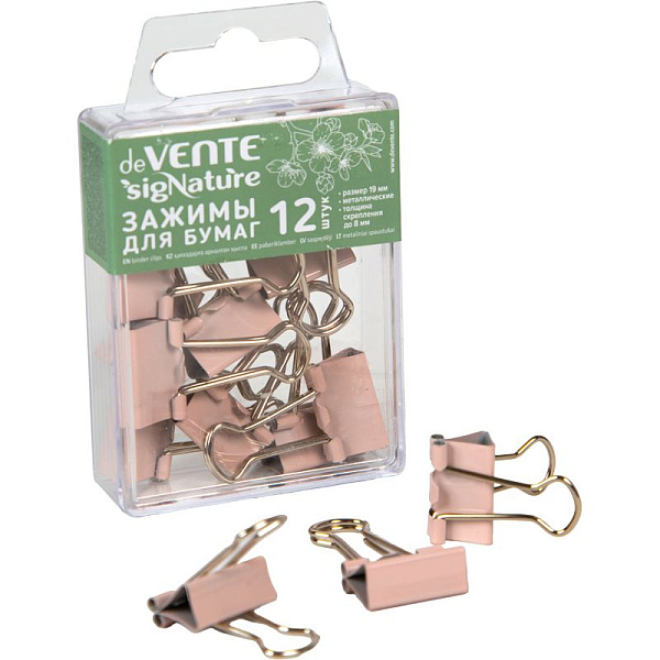 Зажим для бумаг 19 мм "deVENTE. sigNATURE" метал. цвет пудрово-розовый, толщина скрепления до 8 мм, 12 шт в пластиковой коробке,