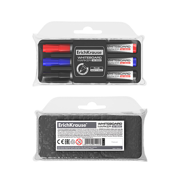 Набор из 3 маркеров для досок с губкой ErichKrause W-500, цвет чернил: черный, синий, красный 