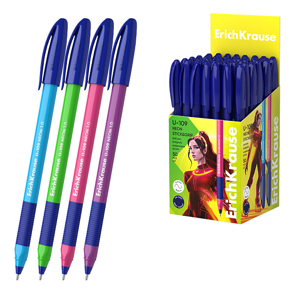 Ручка шариковая ErichKrause U-109 Stick&Grip Neon 1.0, Ultra Glide Technology, СИНЯЯ (в коробке по 50 шт.)