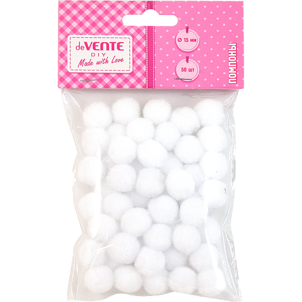Набор помпонов для творчества "deVENTE" 15 мм, 50 шт, цвет белый, в пластиковом пакете с блистерным подвесом