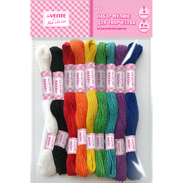 Набор ниток для вышивания (мулине) "deVENTE. DIY School ART" хлопковые нити, длина 8 м, 9 рулонов, 9 цветов, в пластиковом пакете с блистерным подвесом