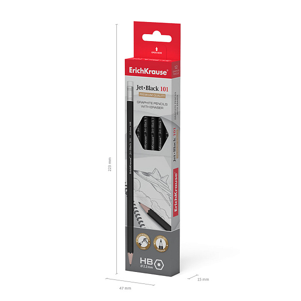 Чернографитный шестигранный  карандаш с ластиком  ErichKrause® Jet Black 101 HB (в коробке по 12 шт.)