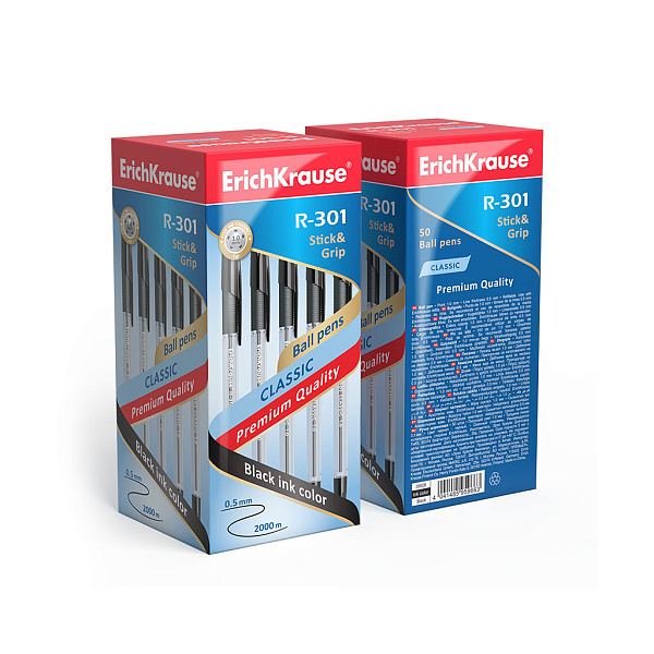 Ручка шариковая ErichKrause R-301 Stick&Grip Classic 1.0 мм ЧЕРНАЯ (в коробке )