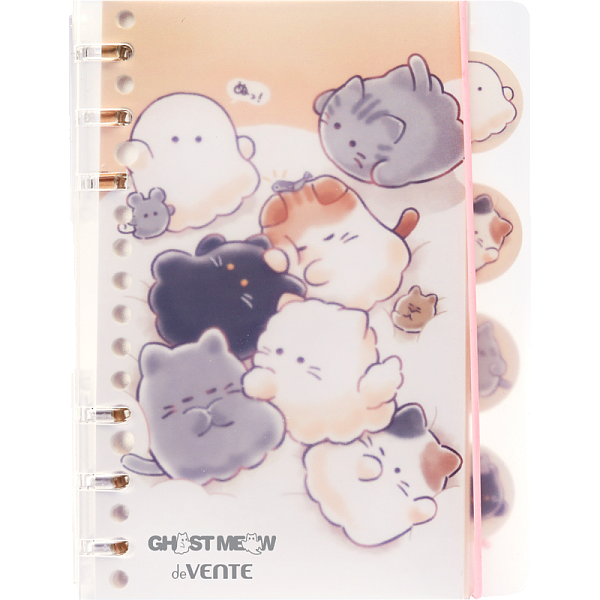 Блокнот "deVENTE. Ghost Meow" B6 40 л, лин. пластиковая обложка на 6-ти пластиковых кольцах, белая бумага 80 г/м² в линейку, 4 картонных фигурных разделителя с цветной печатью, цветная печать, вертикальная резинка, в пластиковом пакете