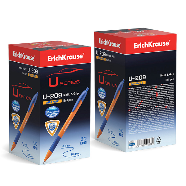 Ручка шариковая автомат. ErichKrause U-209 Matic&Grip Orange 0.7, Ultra Glide Technology, СИНЯЯ (в коробке по 50 шт.)