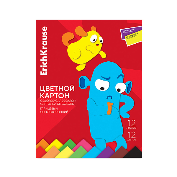 Картон А4 12 цв. 12 л. глянцевый ErichKrause, Jolly Friends, в папке (с флюор.), игрушка-набор для детского творч.