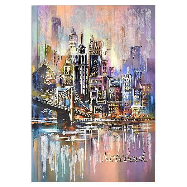 Записная книжка арт.  МЕГАПОЛИС / 140х200 мм, 80 л., твёрдый переплёт, полноцветная печать, выборочный перламутровый лак, тиснение фольгой, матовая ламинация. Блок - белый офсет, 65 г/м², печать