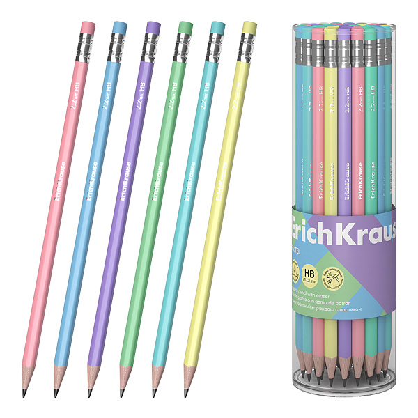 Карандаш ч/г HB ErichKrause Pastel, трехгранный , с ластиком, HB (в тубусе по 42 шт.)