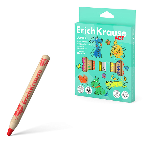 Карандаши 6 цв. ErichKrause Baby Jumbo утолщенные круглые, грифель 8 мм, c точилкой, деревянные (в коробке с европодвесом 6 шт)