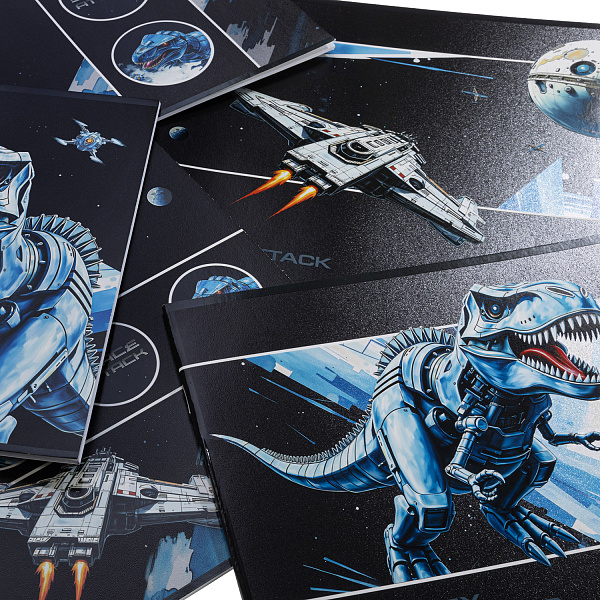 Альбом для рисования 16 листов "Космический динозавр" А4ф на скобе 5 диз.в блоке выб лак