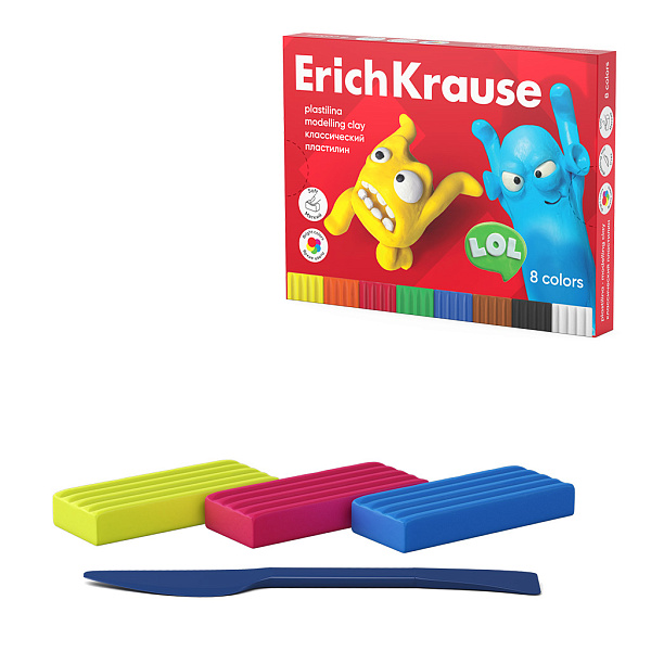Пластилин 8 цв. ErichKrause Jolly Friends классический, со стеком, 144 г